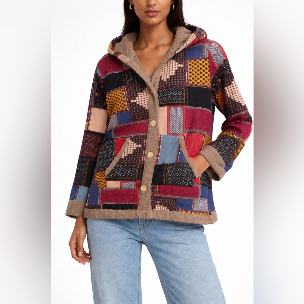 Patchwork Pattern Hooded Jacket Open Front Button… - image 5